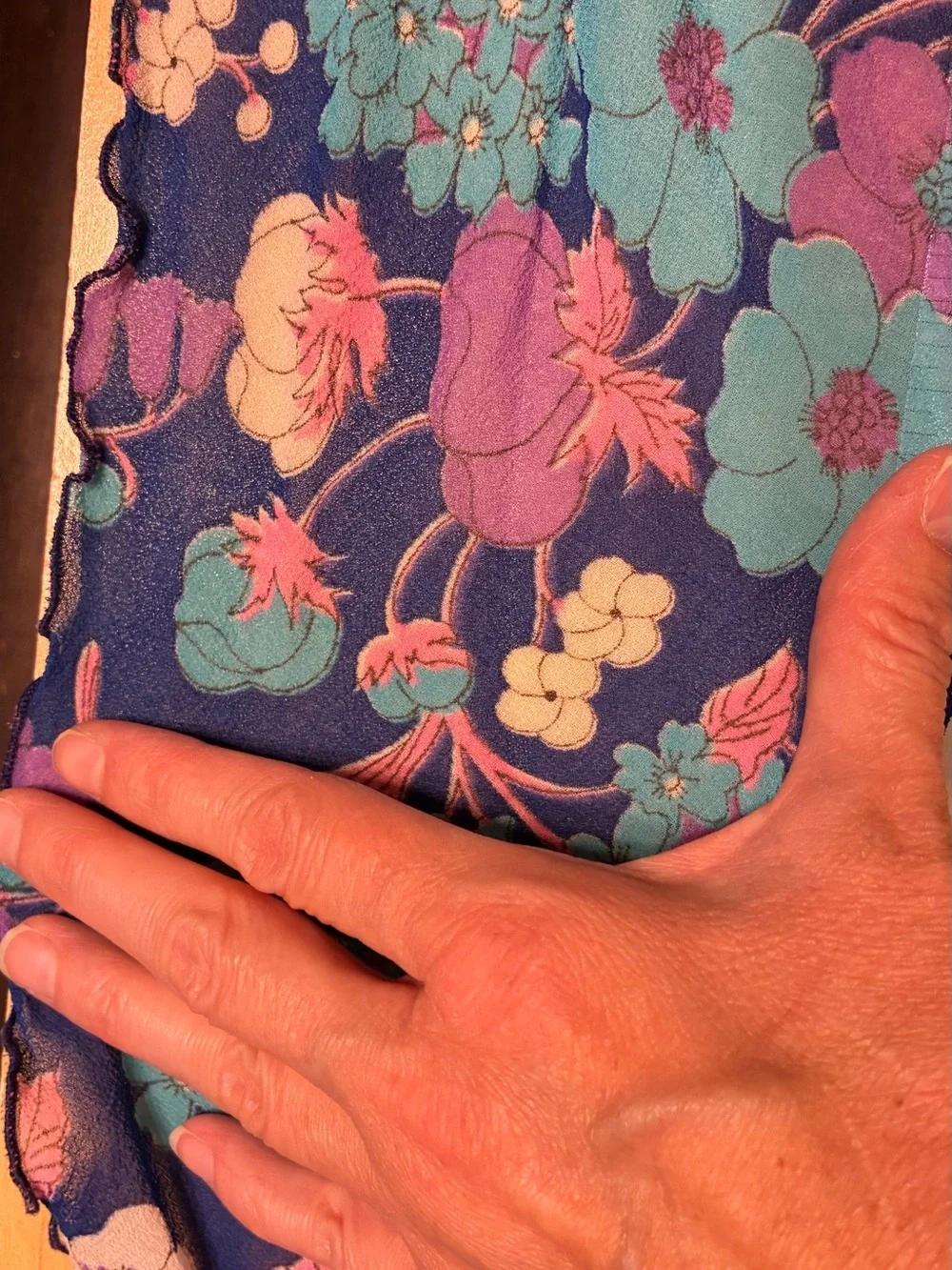 Vintage SILK Ruffled Edge Floral Rectangular Scarf Navy 53”x6”